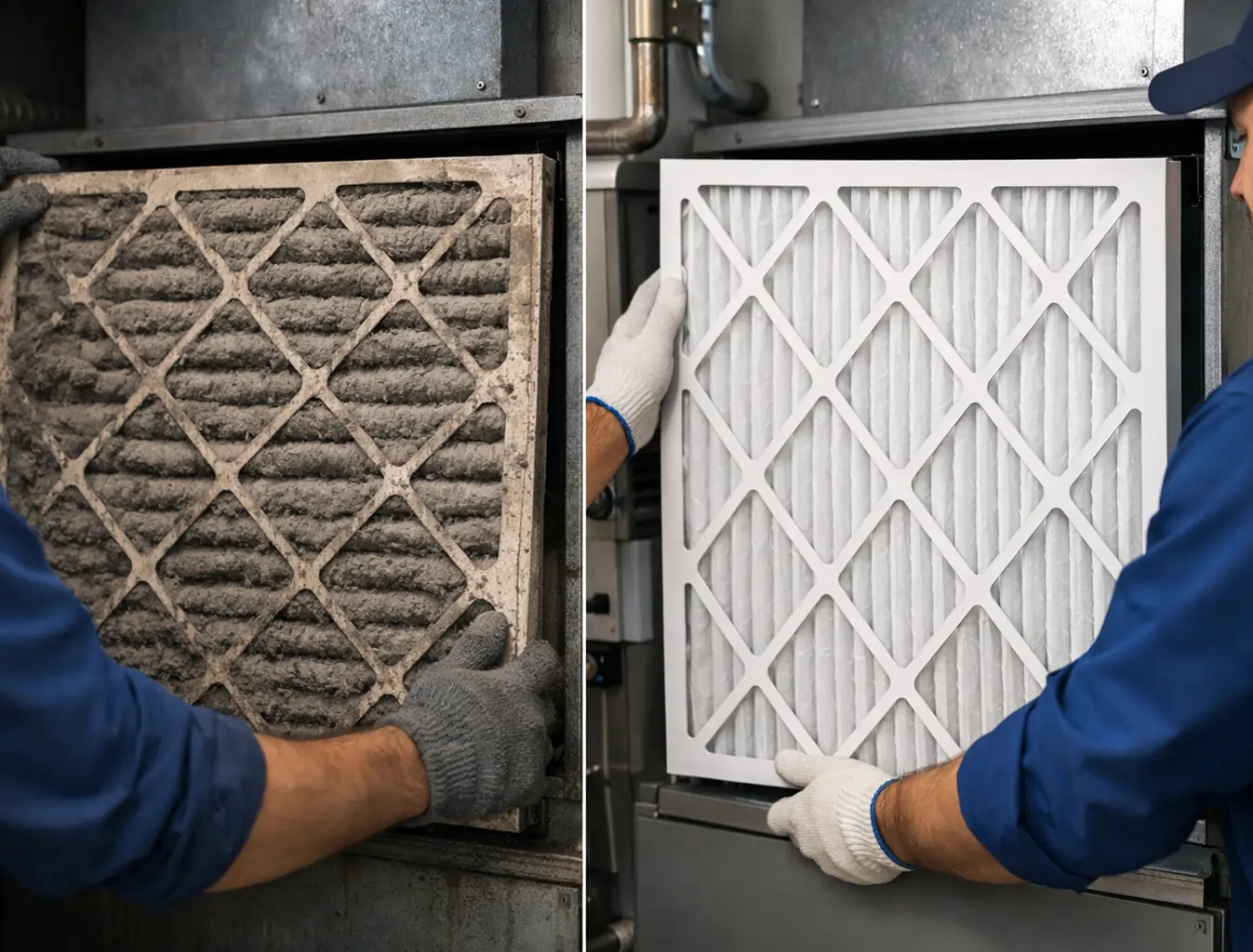 Air filter replacement before and after showing dirty and clean HVAC filter