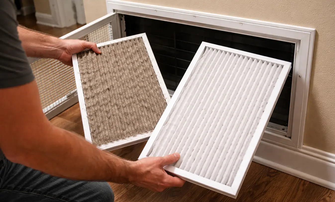 DIY air filter replacement showing dirty and clean HVAC filter