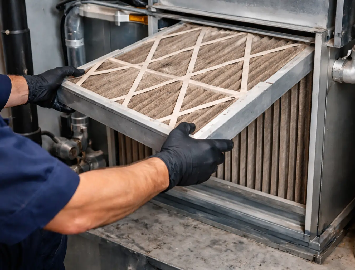 Technician removing dirty media filter from HVAC cabinet during cleaning