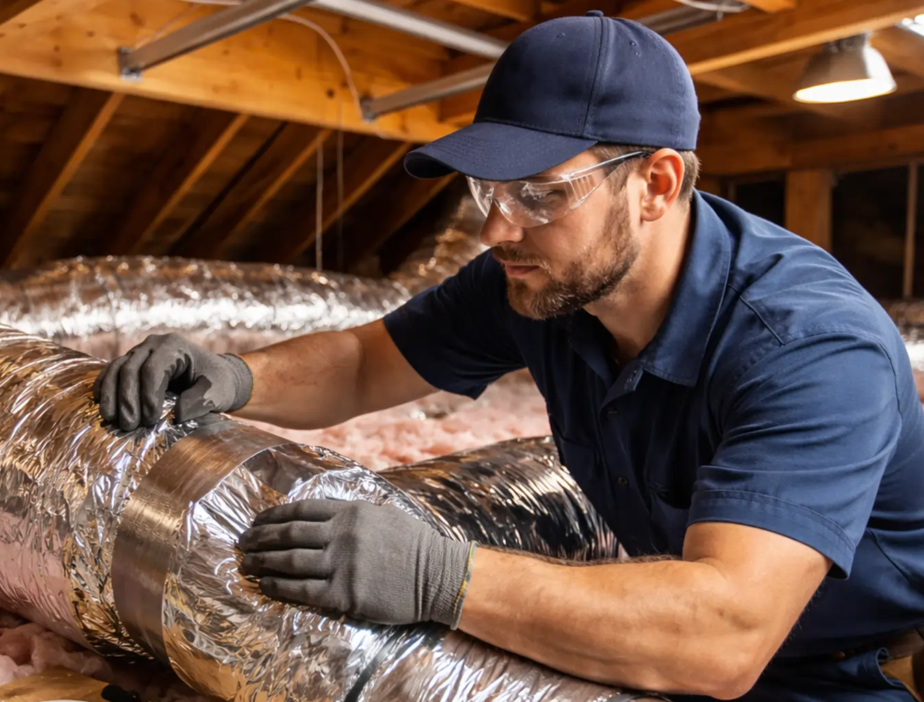 HVAC technician repairing attic air duct