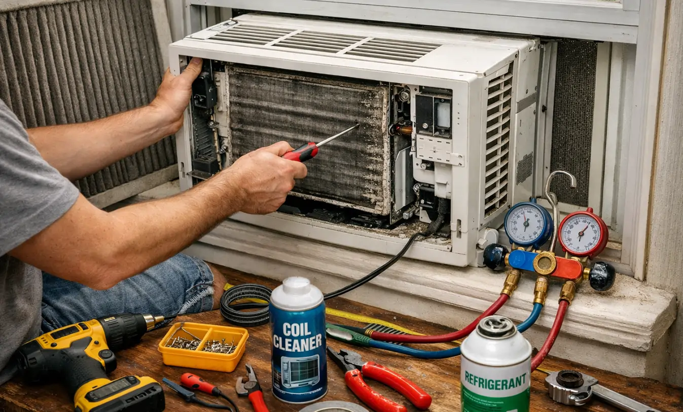 Non-professional fixing a window air conditioner unit using simple tools indoors