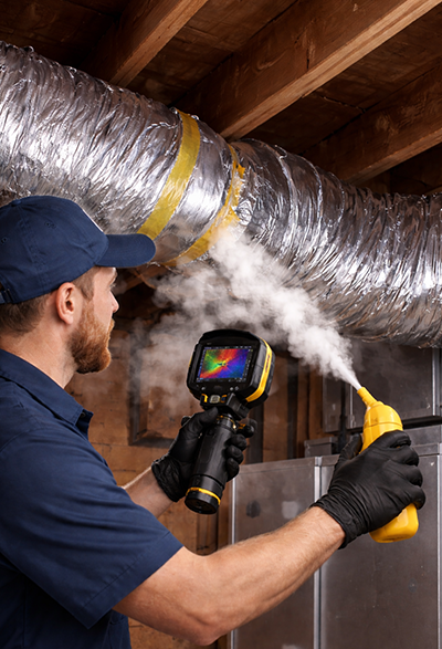 HVAC technician detecting air duct leak with thermal camera and smoke tool