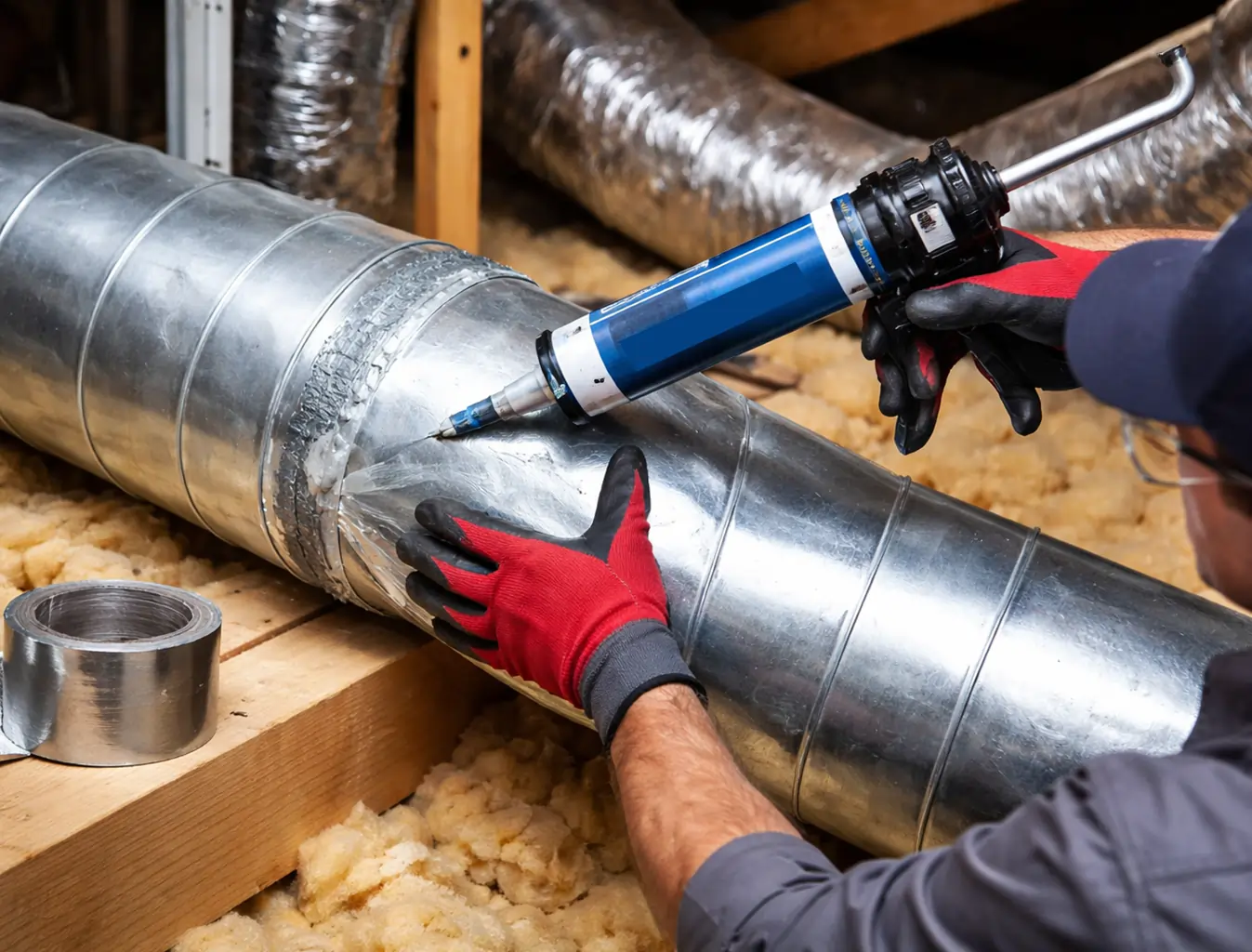 Technician sealing HVAC air duct joint to prevent leaks