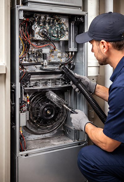 Furnace maintenance cleaning by HVAC technician