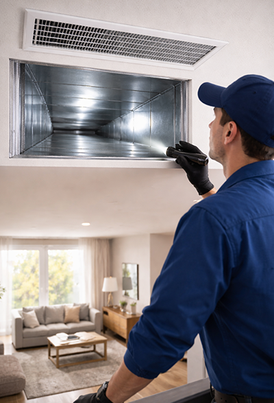 HVAC technician inspecting home air duct