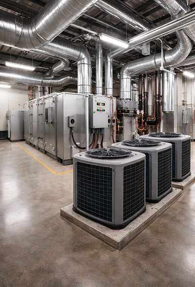Residential HVAC system installation in home basement