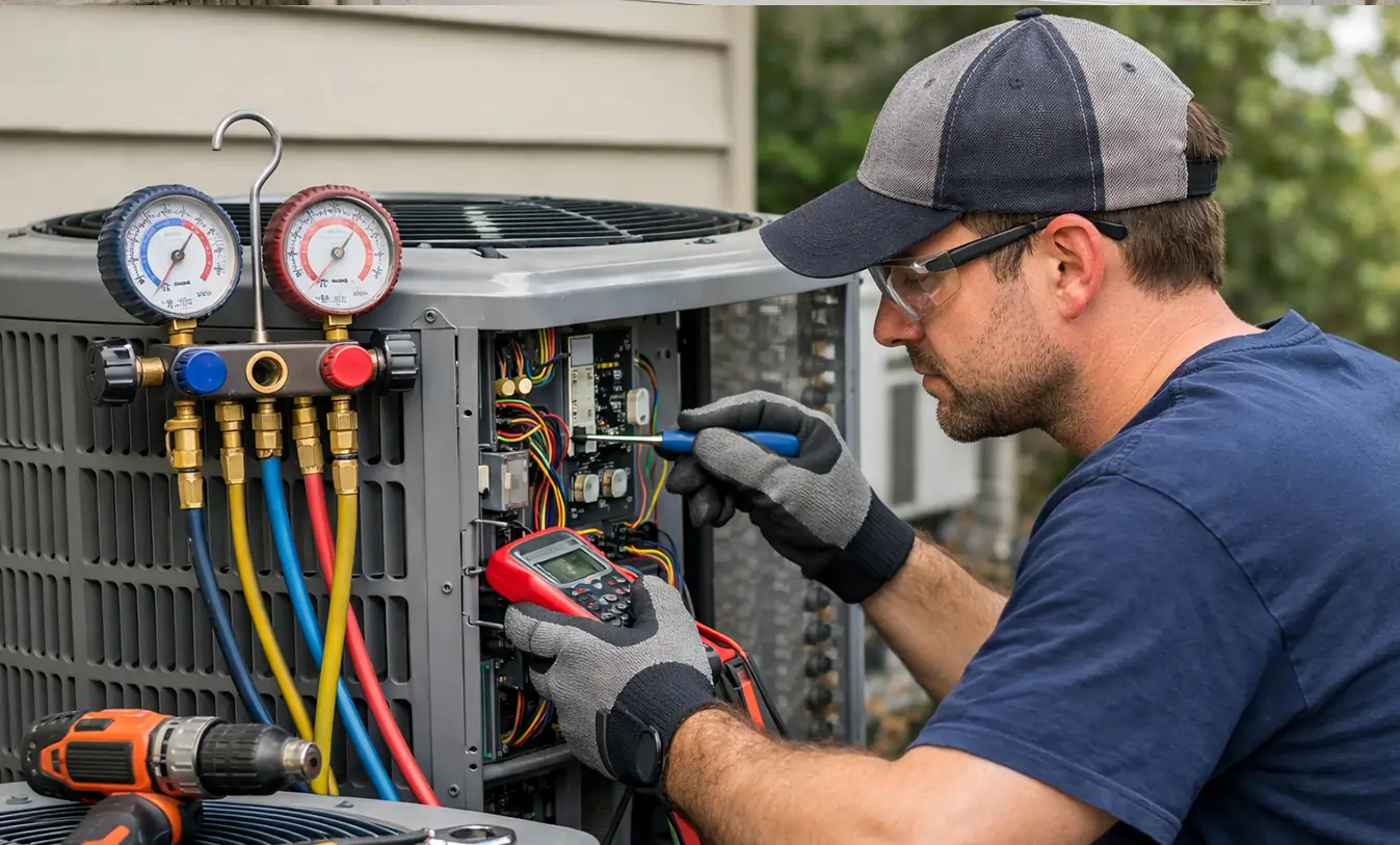 HVAC technician repairing outdoor air conditioner unit with tools and gauges