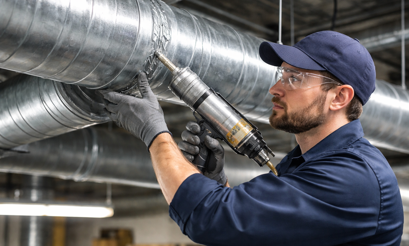 Technician sealing HVAC duct joint