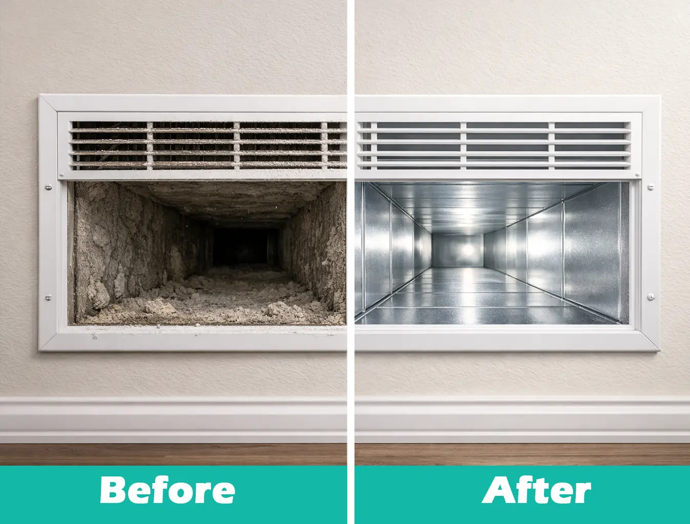 Before and after air duct cleaning comparison showing dirty and clean HVAC duct interior